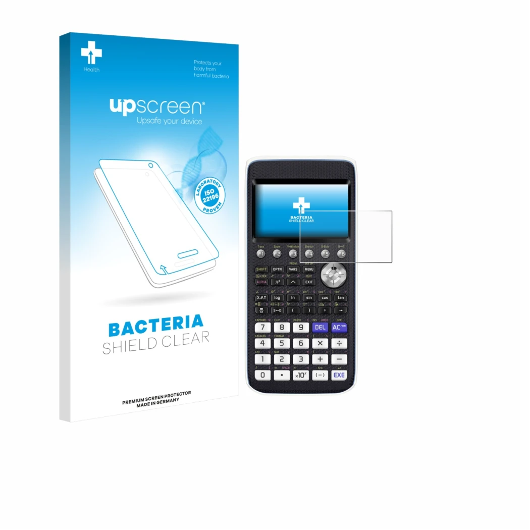 Front side of a product packaging with the brand logo upscreen. Next to it is the device Casio FX-CG50 shown with the correspo