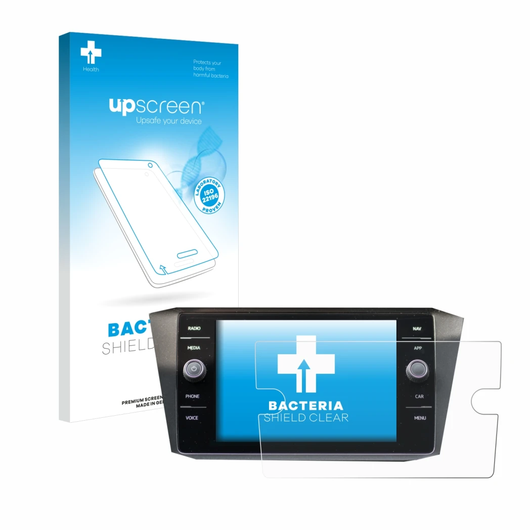 Front side of a product packaging with the brand logo upscreen. Next to it is the device Volkswagen Tiguan Discover Media 8