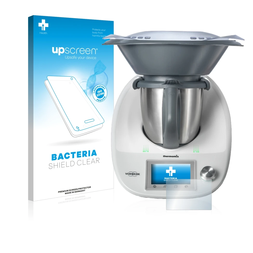 Front side of a product packaging with the brand logo upscreen. Next to it is the device Vorwerk Bimby TM5 shown with the corr