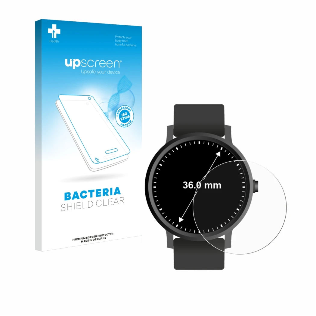 Front side of a product packaging with the brand logo upscreen. Next to it is the device Circular Displays (ø: 36 mm) shown wi