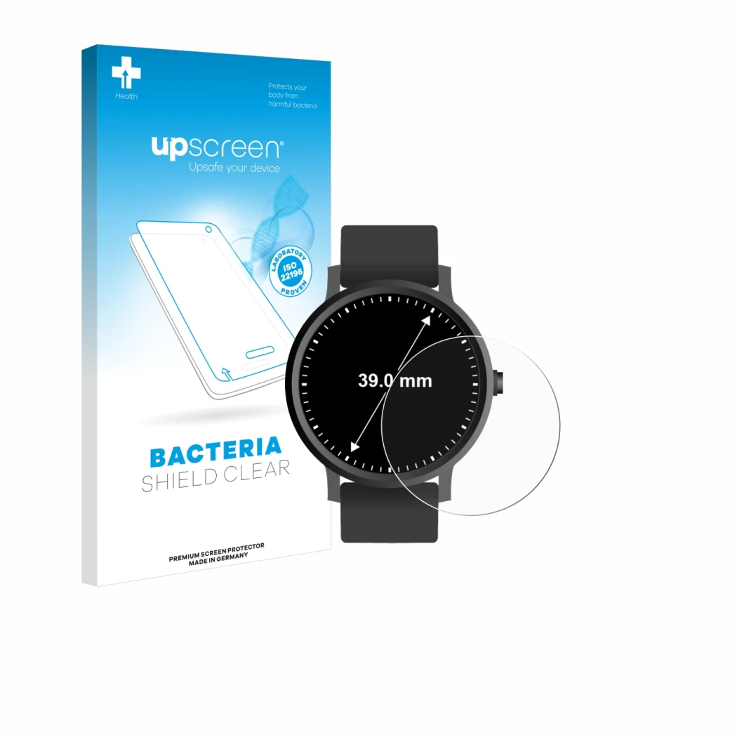 Front side of a product packaging with the brand logo upscreen. Next to it is the device Circular Displays (ø: 39 mm) shown wi