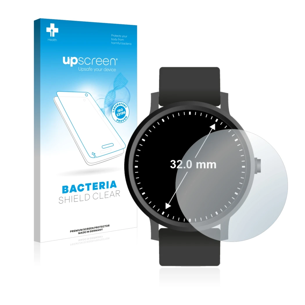 Front side of a product packaging with the brand logo upscreen. Next to it is the device Circular Displays (ø: 32 mm) shown wi