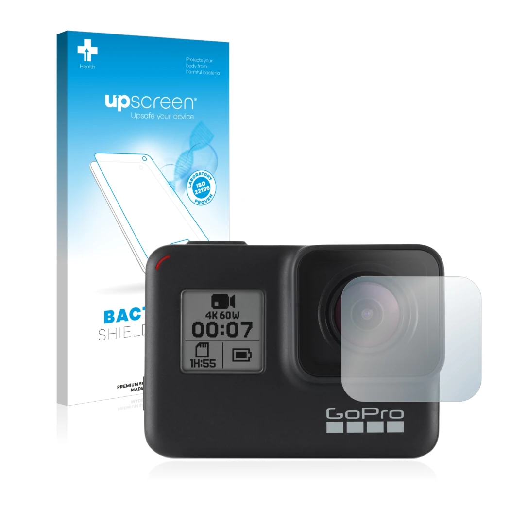 Front side of a product packaging with the brand logo upscreen. Next to it is the device GoPro Hero 7 Black (Lens) shown with 