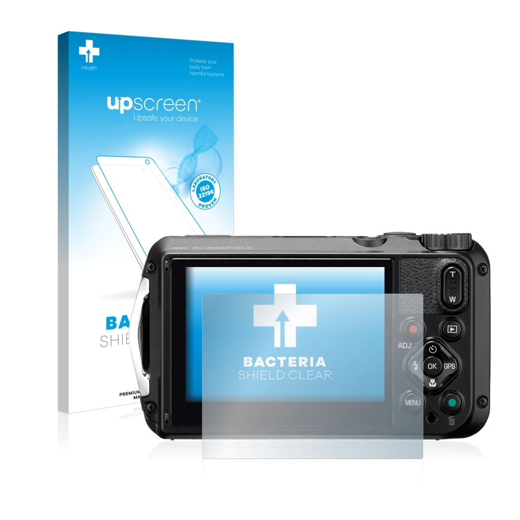 Front side of a product packaging with the brand logo upscreen. Next to it is the device Ricoh WG-6 shown with the correspondi