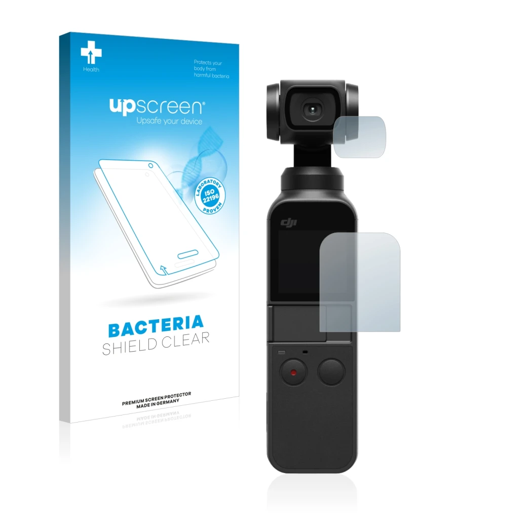 Front side of a product packaging with the brand logo upscreen. Next to it is the device DJI Osmo Pocket (Display + Lens) show