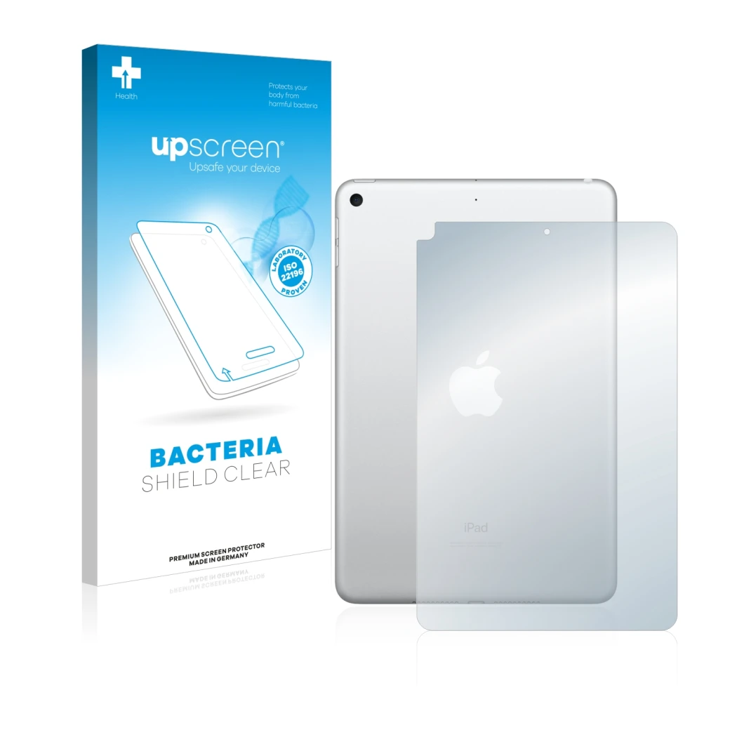 Front side of a product packaging with the brand logo upscreen. Next to it is the device Apple iPad Mini 5 2019 (Back, 5th Gen