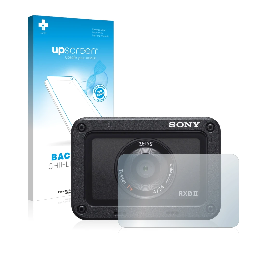 Front side of a product packaging with the brand logo upscreen. Next to it is the device Sony DSC-RX0M2 (RX0 II) (Lens) shown
