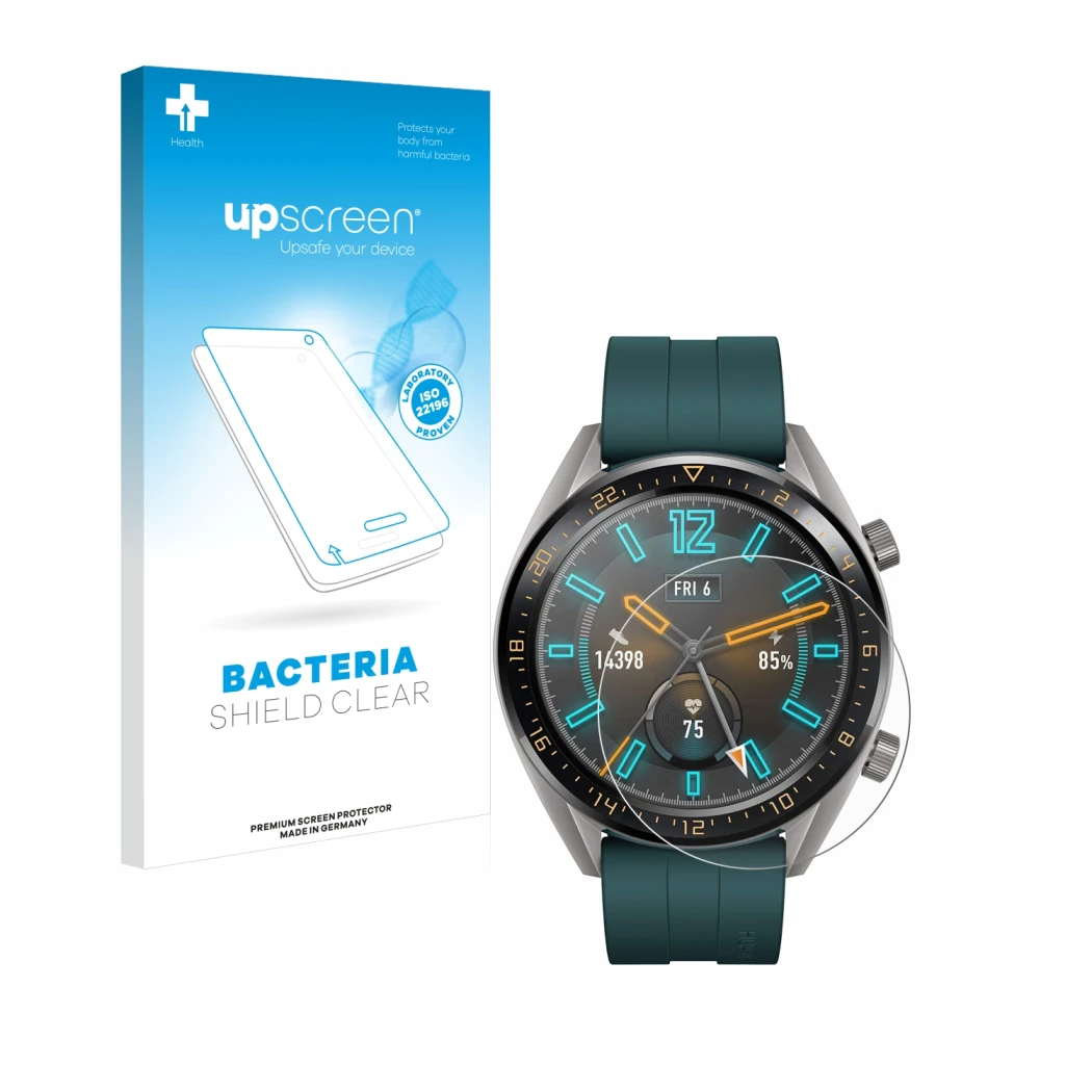 Front side of a product packaging with the brand logo upscreen. Next to it is the device Huawei Watch GT Active shown with the