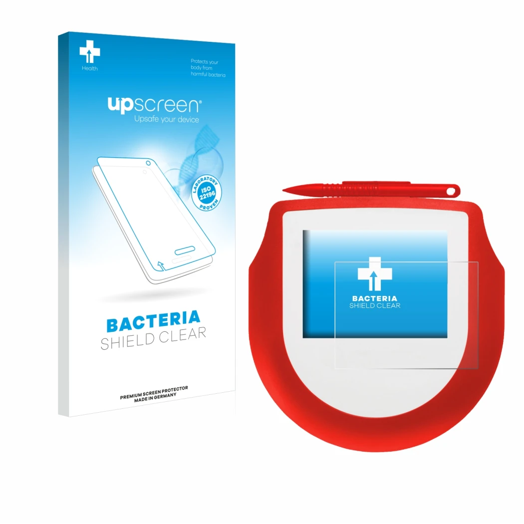 Front side of a product packaging with the brand logo upscreen. Next to it is the device Signotec Signature Pad Omega NFC show