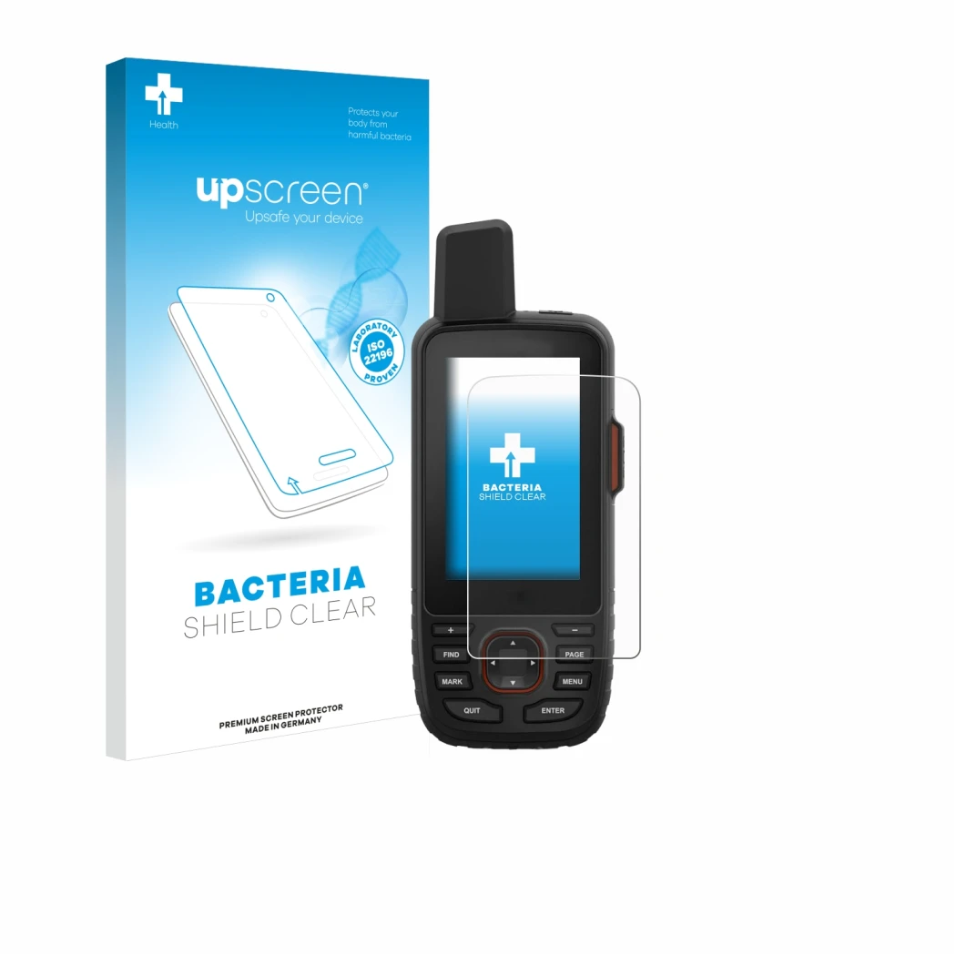 Front side of a product packaging with the brand logo upscreen. Next to it is the device Garmin GPSMAP 66i shown with the corr