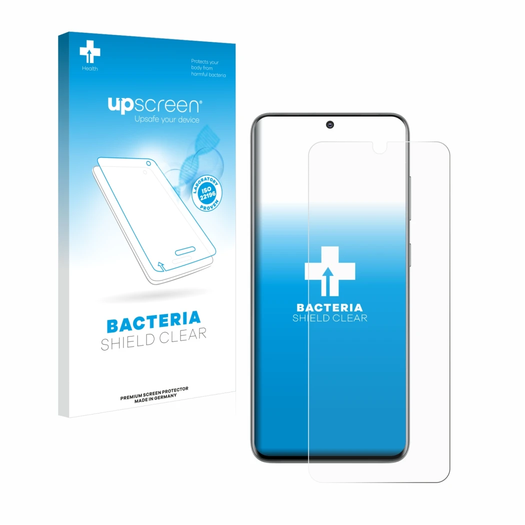 Front side of a product packaging with the brand logo upscreen. Next to it is the device Samsung Galaxy S20 shown with the cor