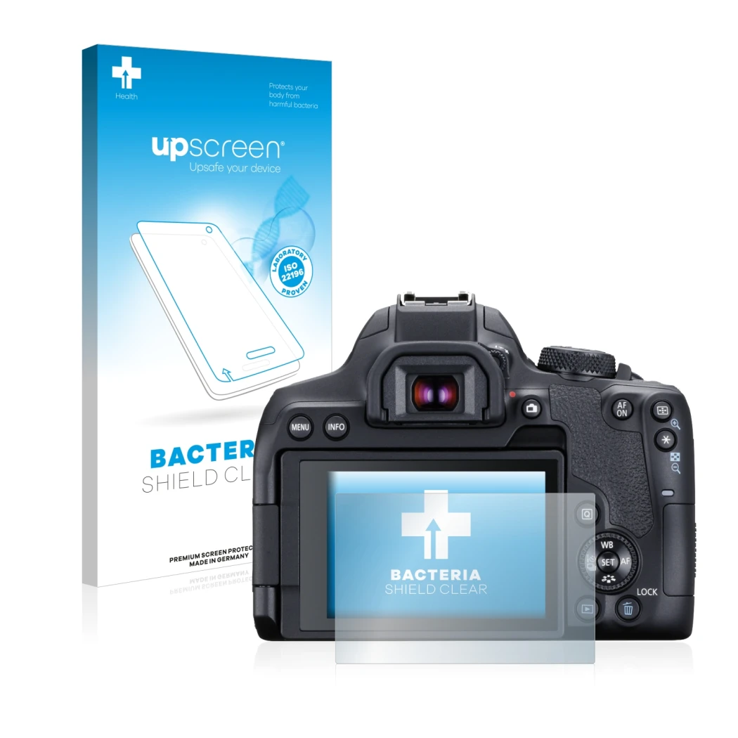 Front side of a product packaging with the brand logo upscreen. Next to it is the device Canon EOS 850D shown with the corresp