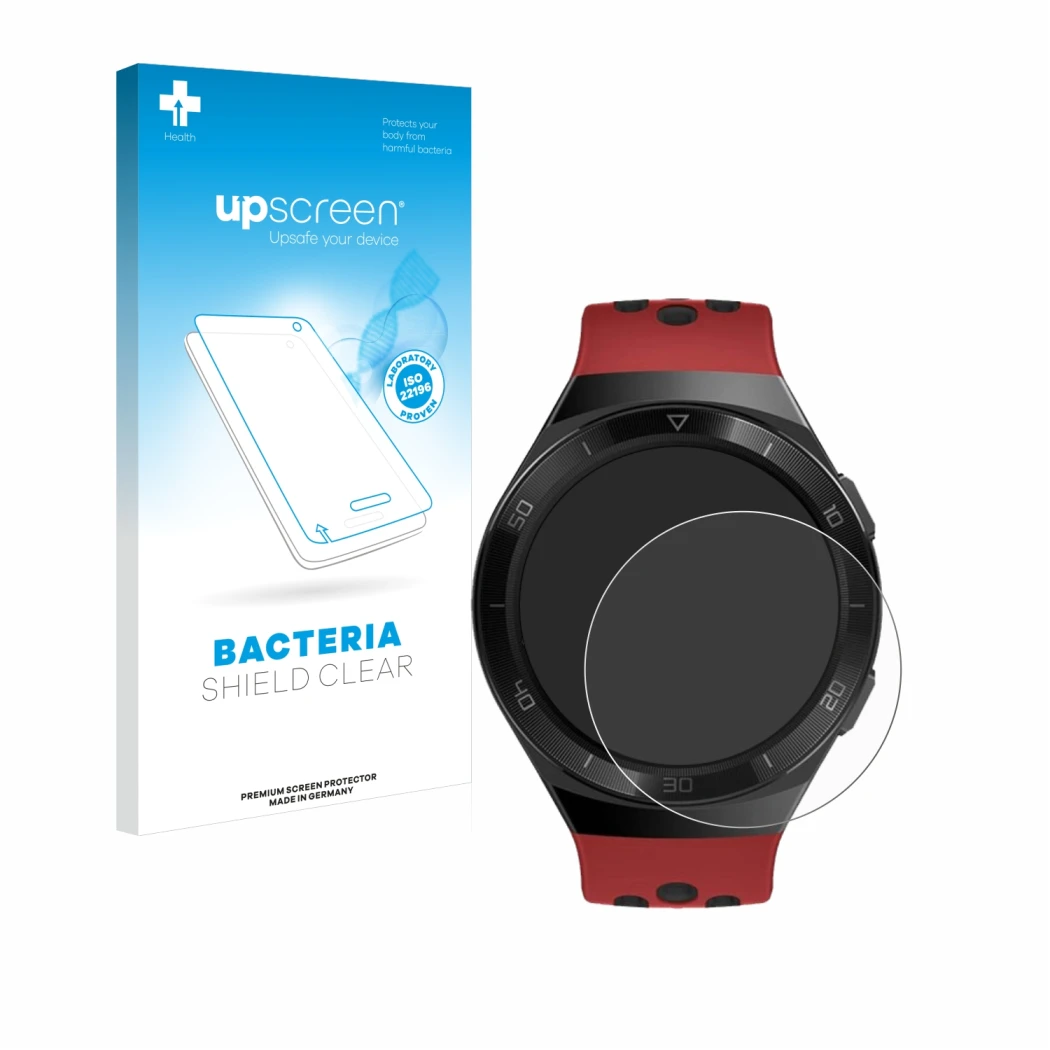 Front side of a product packaging with the brand logo upscreen. Next to it is the device Huawei Watch GT 2e shown with the cor