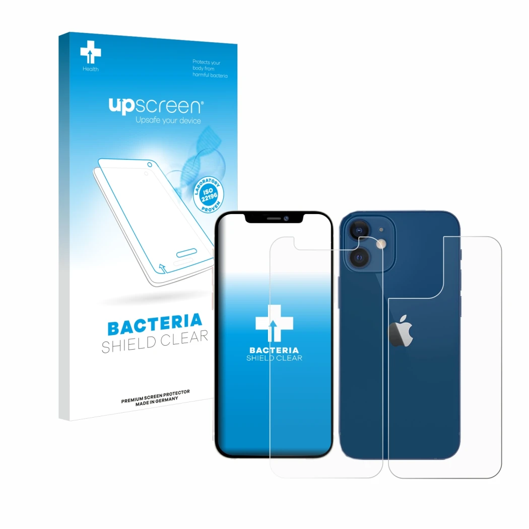 Front side of a product packaging with the brand logo upscreen. Next to it is the device Apple iPhone 12 mini (Front+Back) sho