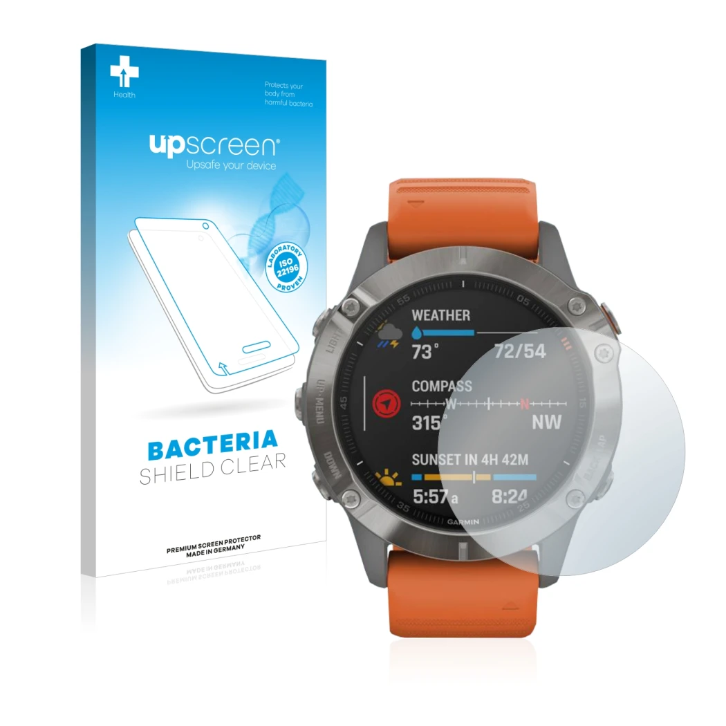 Front side of a product packaging with the brand logo upscreen. Next to it is the device Garmin Fenix 6 Pro Solar shown with t