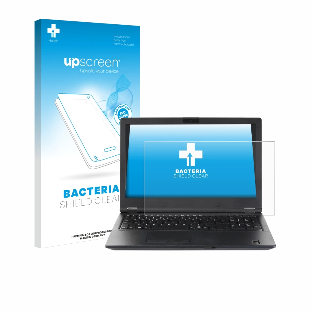 Front side of a product packaging with the brand logo upscreen. Next to it is the device Fujitsu Lifebook E5510 shown with the