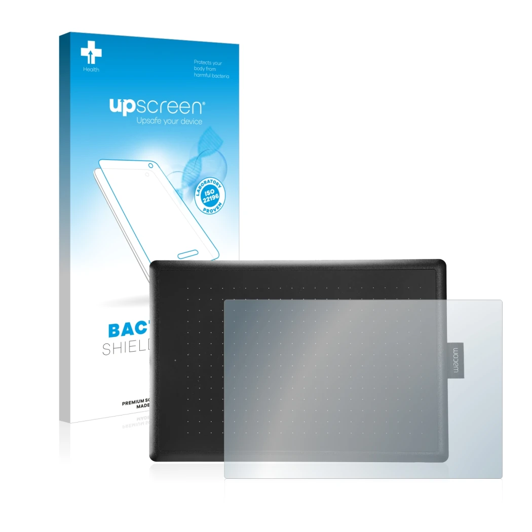 Front side of a product packaging with the brand logo upscreen. Next to it is the device Wacom One Medium shown with the corre