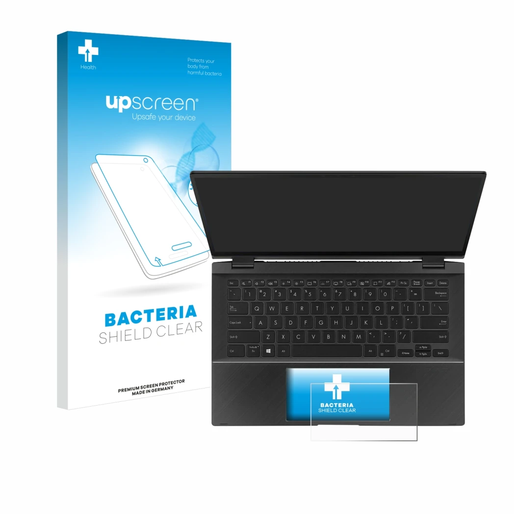 Front side of a product packaging with the brand logo upscreen. Next to it is the device ASUS ZenBook Flip 14 UX463FA (Touch T