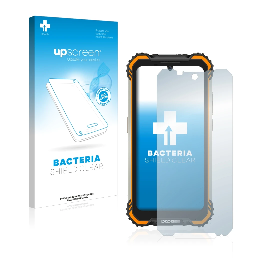 Front side of a product packaging with the brand logo upscreen. Next to it is the device Doogee S58 Pro shown with the corresp