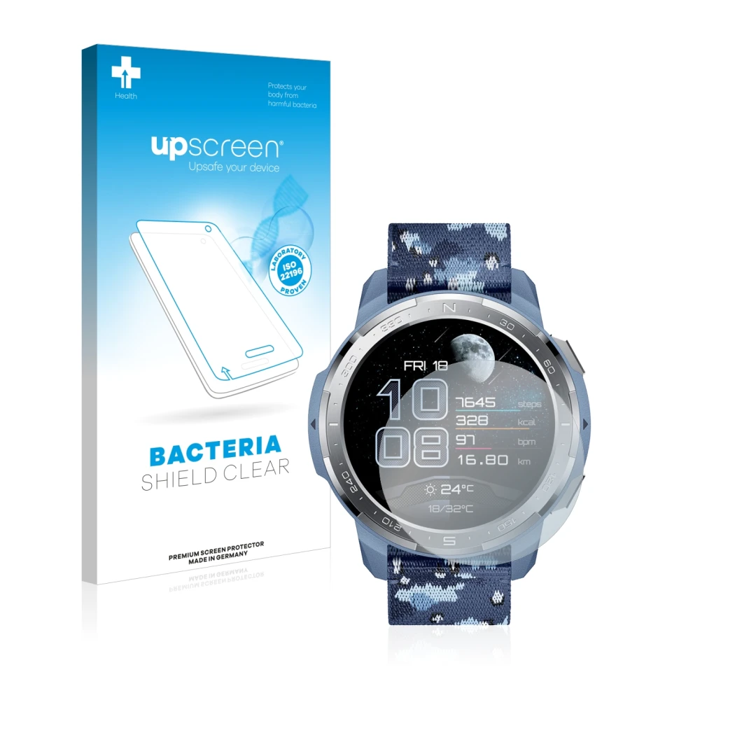 Front side of a product packaging with the brand logo upscreen. Next to it is the device Honor Watch GS Pro shown with the cor