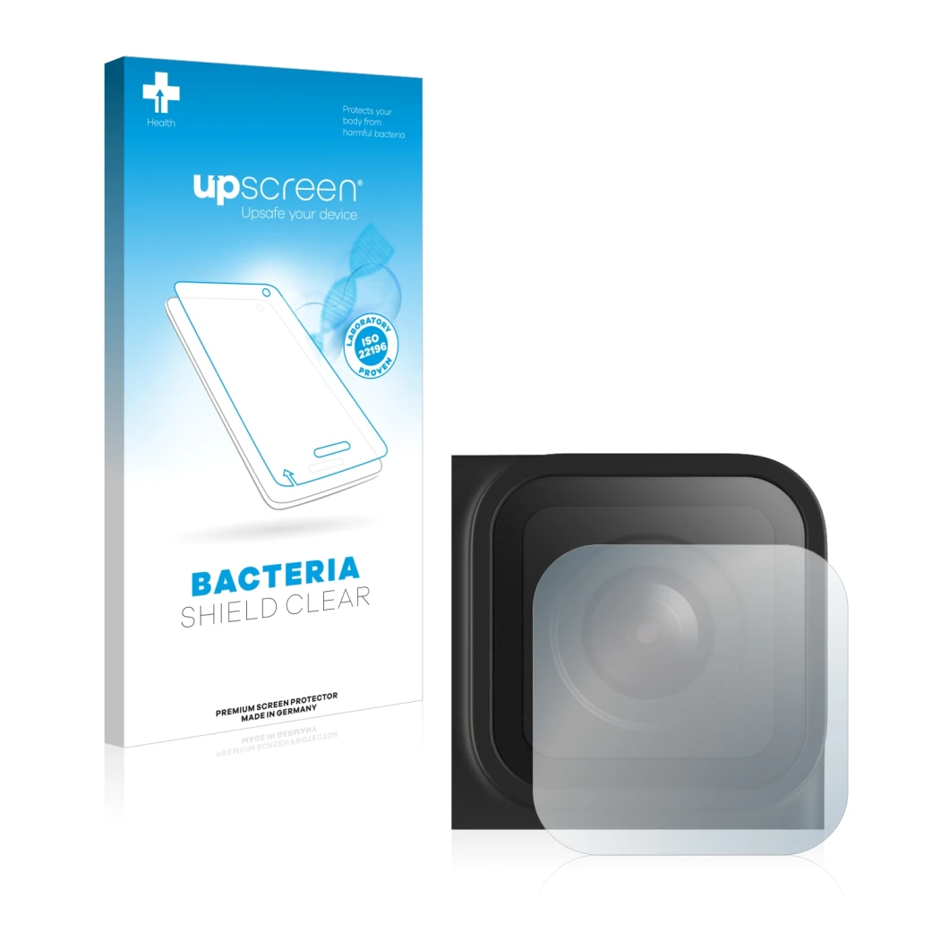 Front side of a product packaging with the brand logo upscreen. Next to it is the device GoPro Hero 9 Black (Lens) shown with 