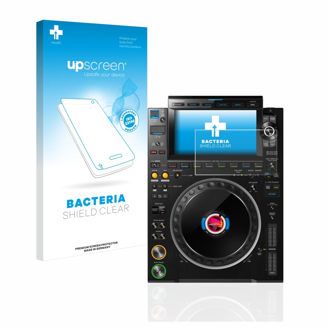 Front side of a product packaging with the brand logo upscreen. Next to it is the device Pioneer CDJ 3000 shown with the corre