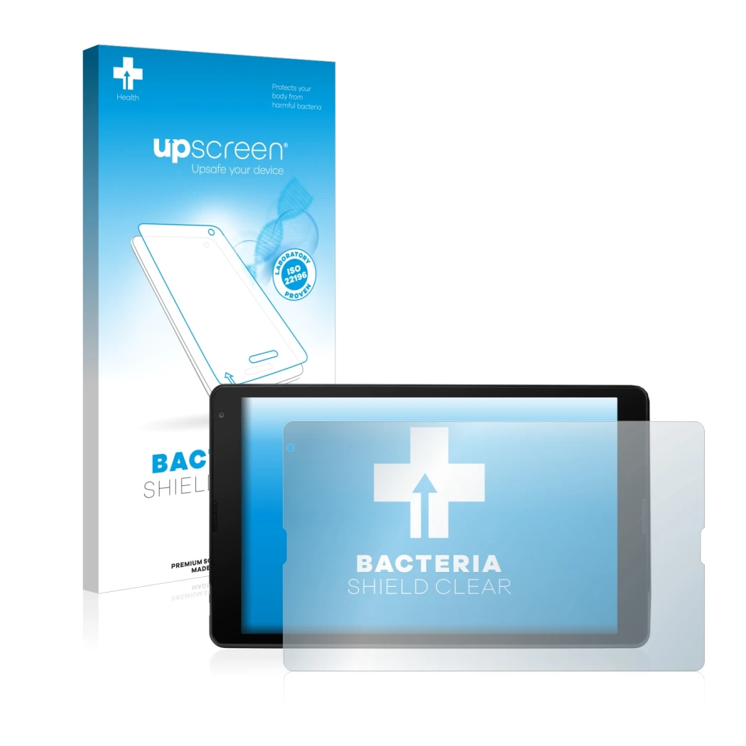 Front side of a product packaging with the brand logo upscreen. Next to it is the device MEDION Lifetab E10420 shown with the