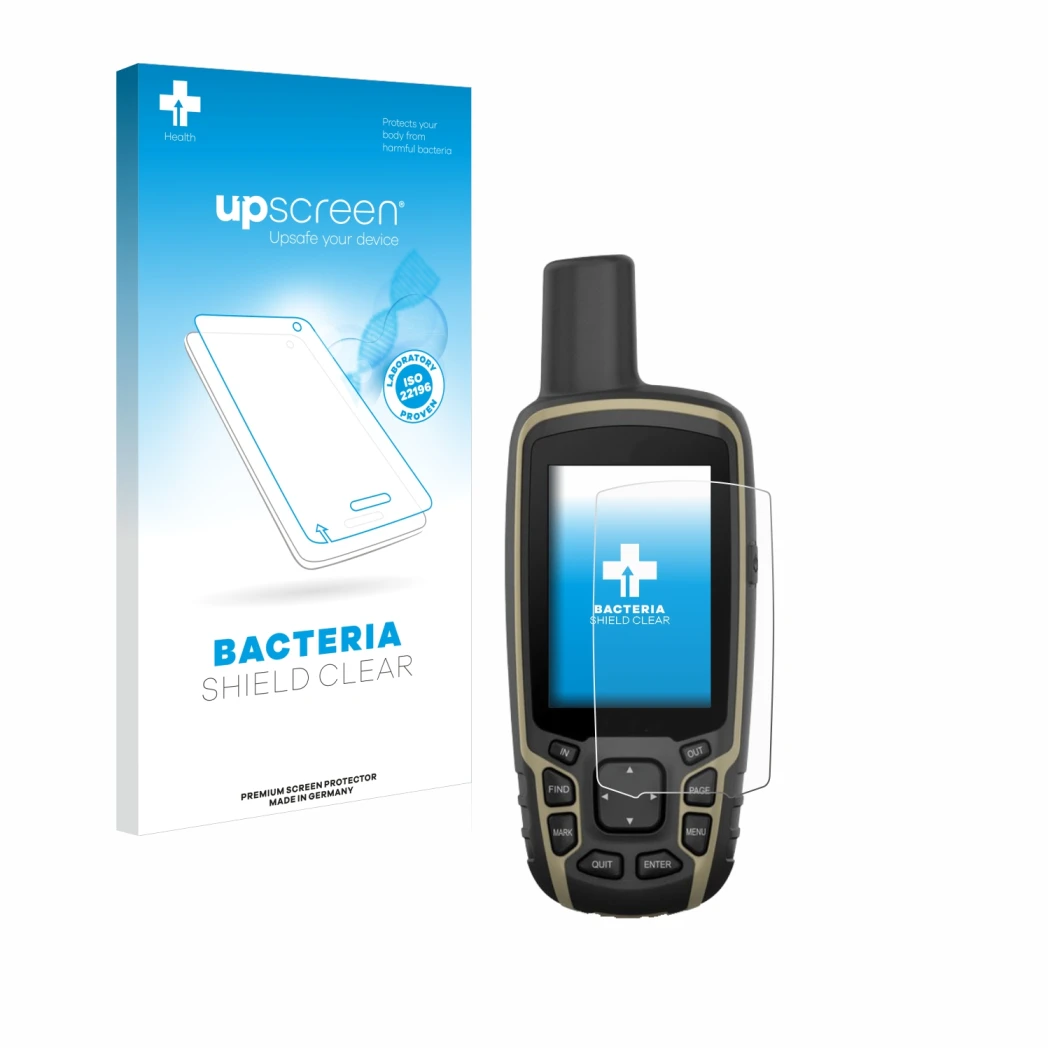 Front side of a product packaging with the brand logo upscreen. Next to it is the device Garmin GPSMAP 65s shown with the corr