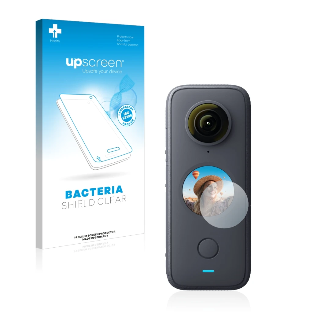 Front side of a product packaging with the brand logo upscreen. Next to it is the device Insta360 One X2 shown with the corres