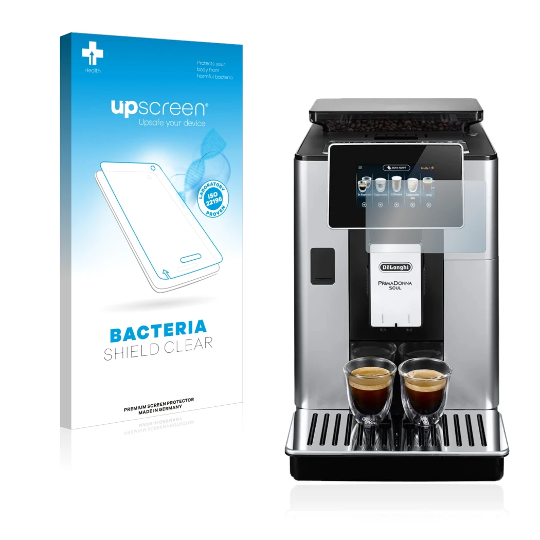 Front side of a product packaging with the brand logo upscreen. Next to it is the device DeLonghi PrimaDonna Soul ECAM610.74.M