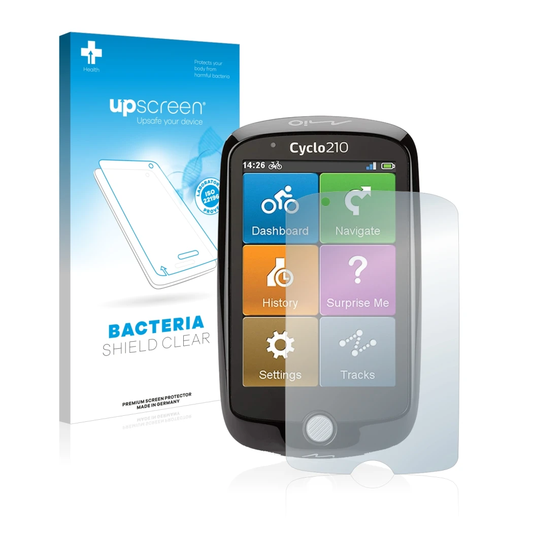 Front side of a product packaging with the brand logo upscreen. Next to it is the device Mio Cyclo 210 shown with the correspo