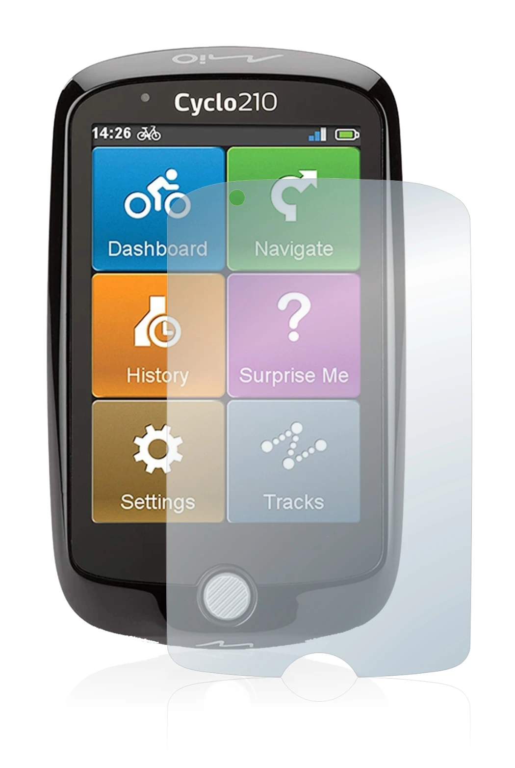 Image of the device Mio Cyclo 210 with a wide variety of screen protectors.