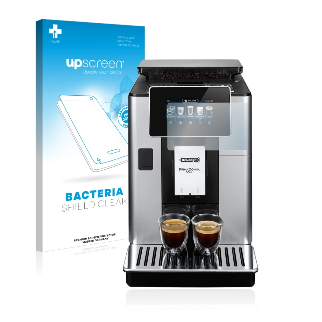 Front side of a product packaging with the brand logo upscreen. Next to it is the device DeLonghi PrimaDonna Soul ECAM610.55.S