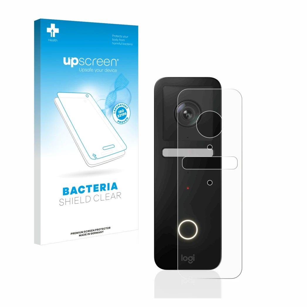 Front side of a product packaging with the brand logo upscreen. Next to it is the device Logitech Circle View Doorbell shown w