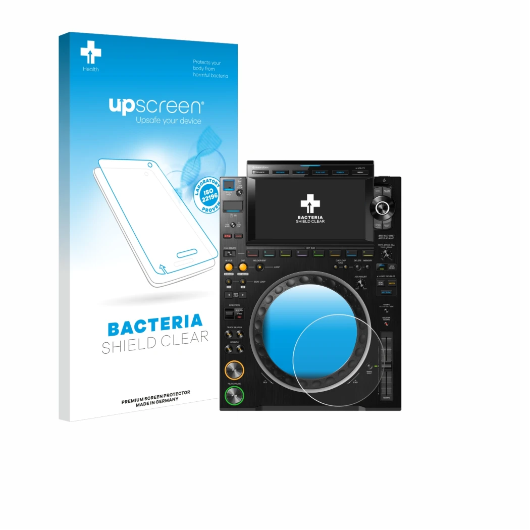 Front side of a product packaging with the brand logo upscreen. Next to it is the device Pioneer CDJ 3000 (circle) shown with