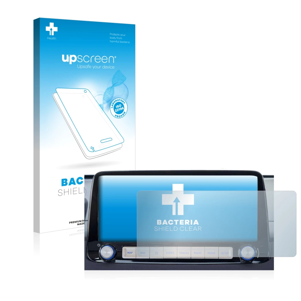 Front side of a product packaging with the brand logo upscreen. Next to it is the device Hyundai Kona 2020 Infotainment System