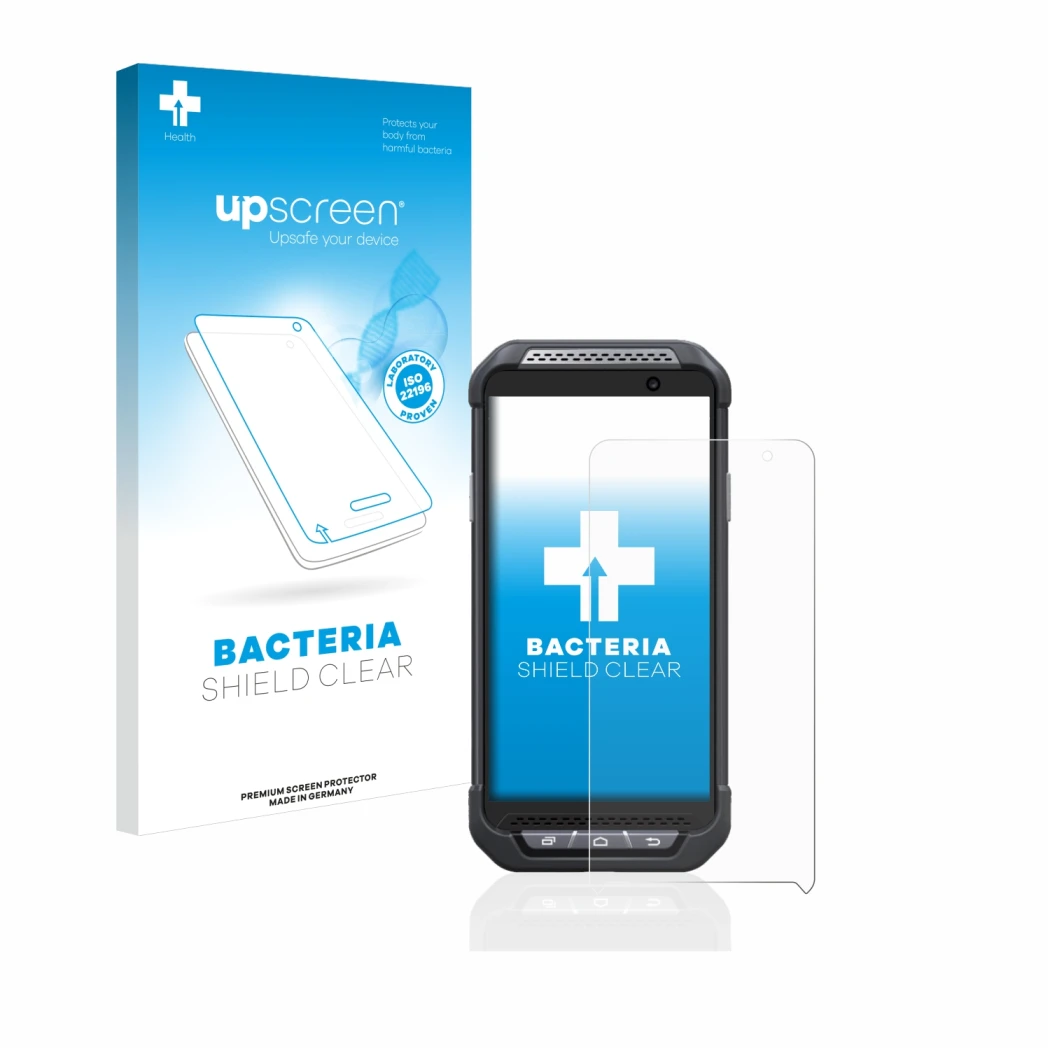 Front side of a product packaging with the brand logo upscreen. Next to it is the device Point Mobile PM85 shown with the corr