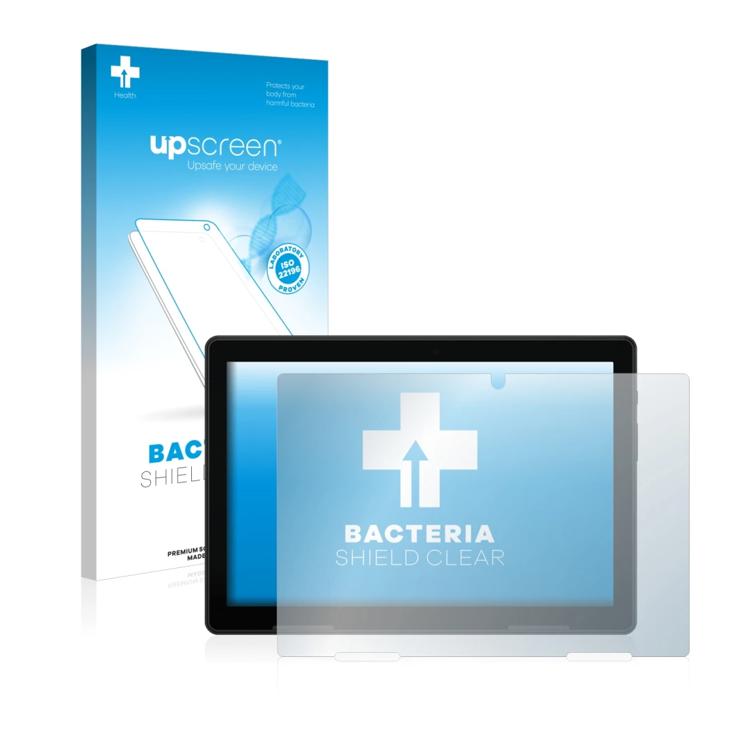 Front side of a product packaging with the brand logo upscreen. Next to it is the device MEDION Lifetab E10802 shown with the