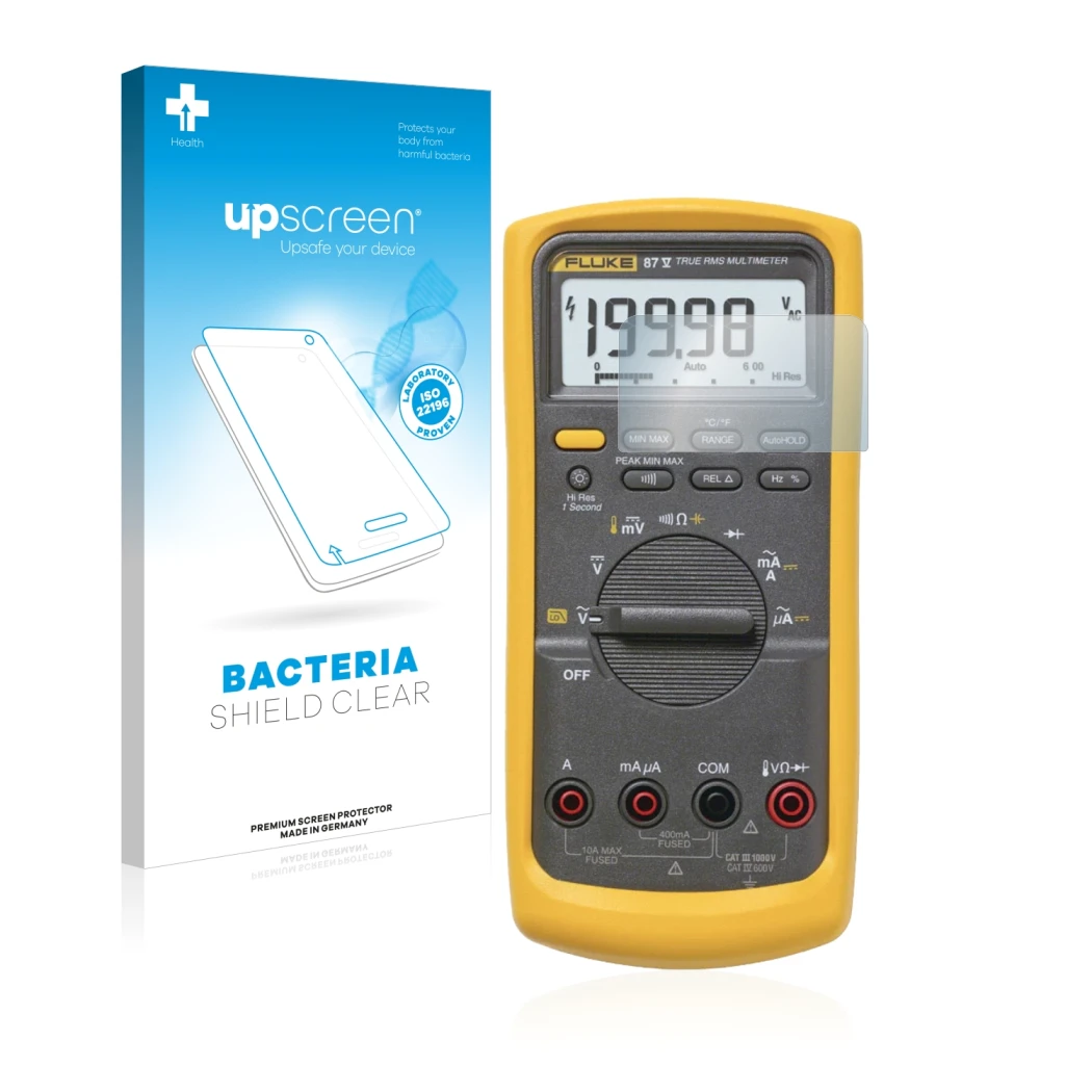 Front side of a product packaging with the brand logo upscreen. Next to it is the device Fluke 87v shown with the correspondin
