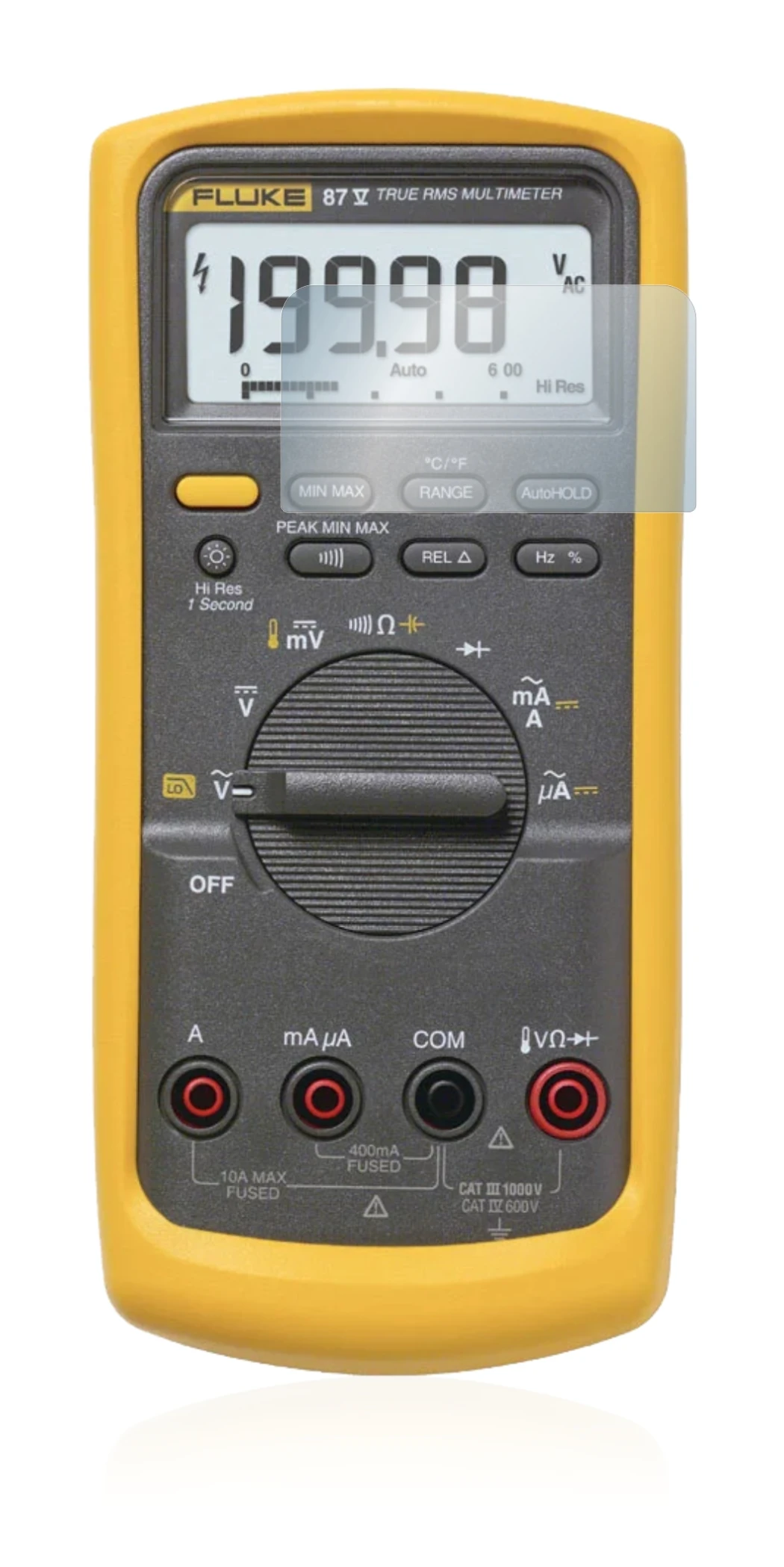 Image of the device Fluke 87v with a wide variety of screen protectors.