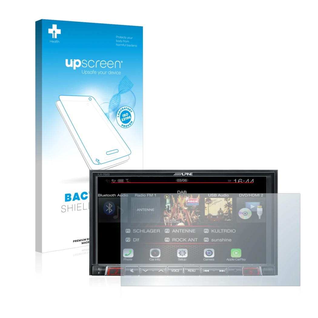 Front side of a product packaging with the brand logo upscreen. Next to it is the device Alpine iLX-702D shown with the corres