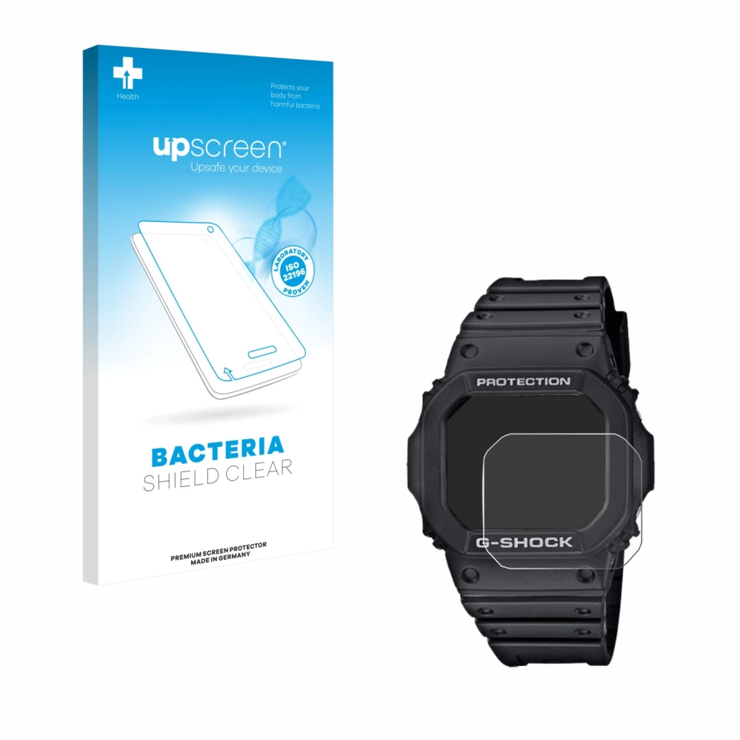 Front side of a product packaging with the brand logo upscreen. Next to it is the device Casio G-Shock GW-M5610-1ER shown with