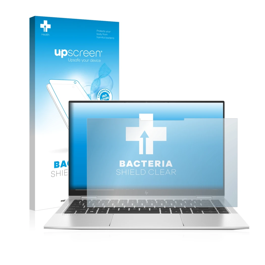 Front side of a product packaging with the brand logo upscreen. Next to it is the device HP Elitebook x360 1040 G7 shown with