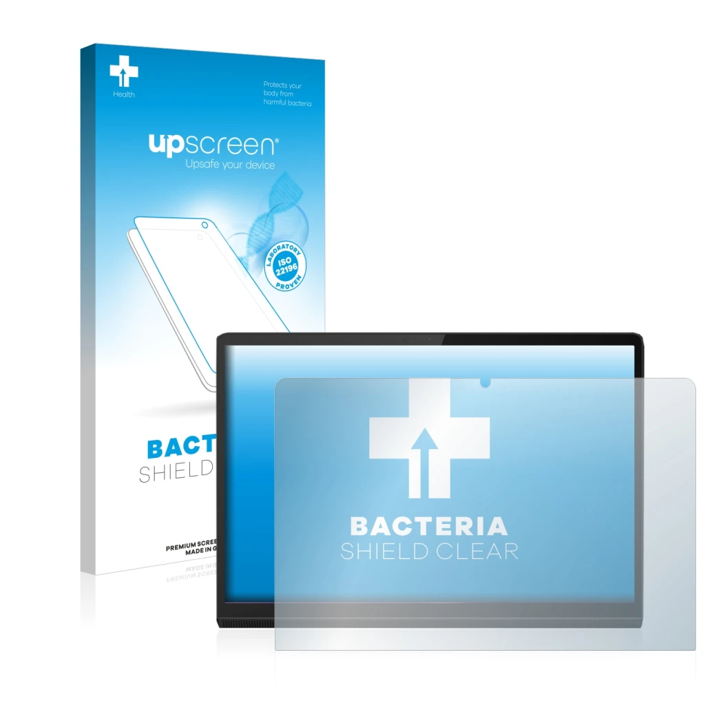 Front side of a product packaging with the brand logo upscreen. Next to it is the device Lenovo Yoga Tab 11 shown with the cor