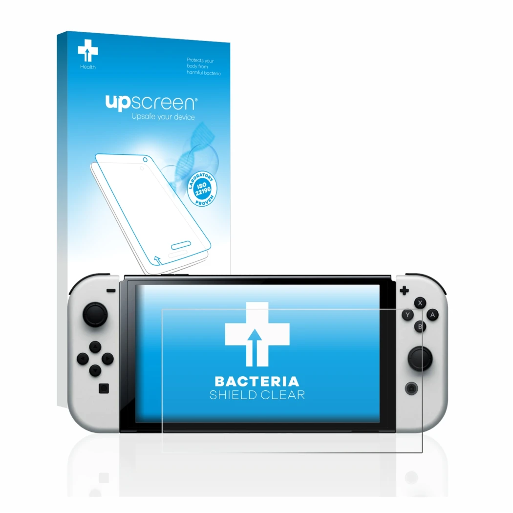 Front side of a product packaging with the brand logo upscreen. Next to it is the device Nintendo Switch OLED-Modell shown wit
