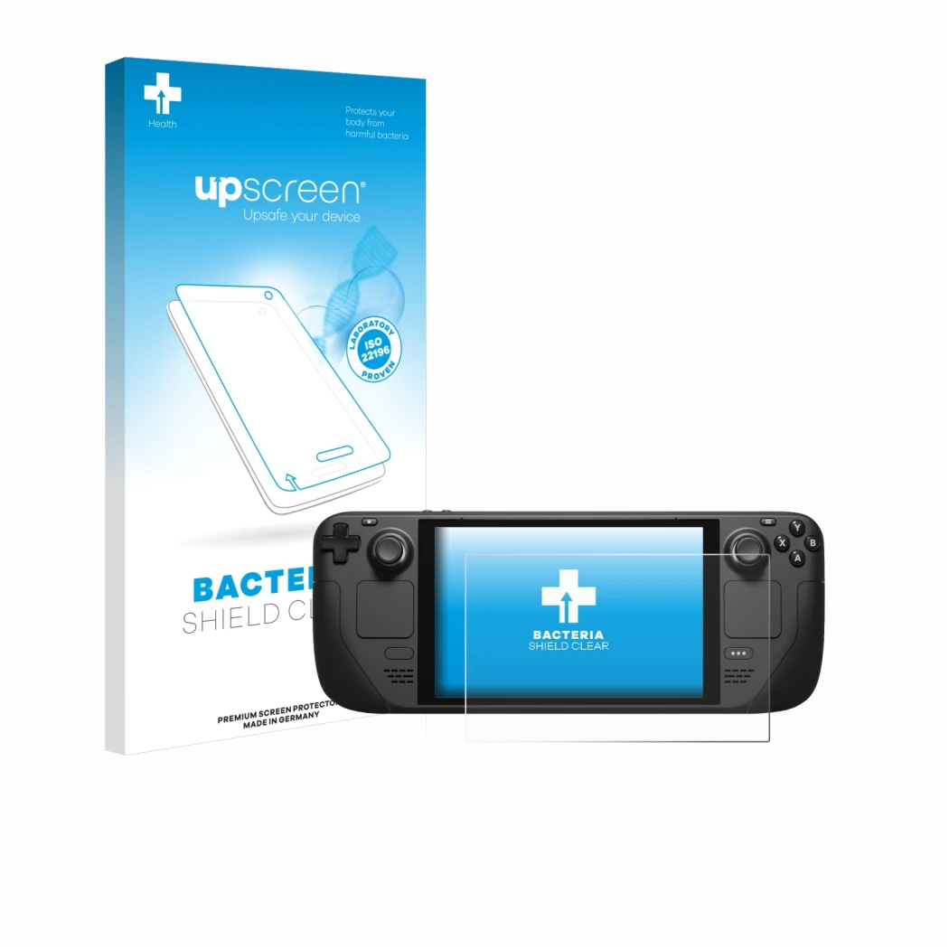 Front side of a product packaging with the brand logo upscreen. Next to it is the device Valve Steam Deck shown with the corre