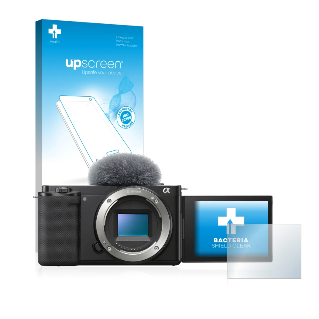 Front side of a product packaging with the brand logo upscreen. Next to it is the device Sony Alpha ZV-E10 shown with the corr