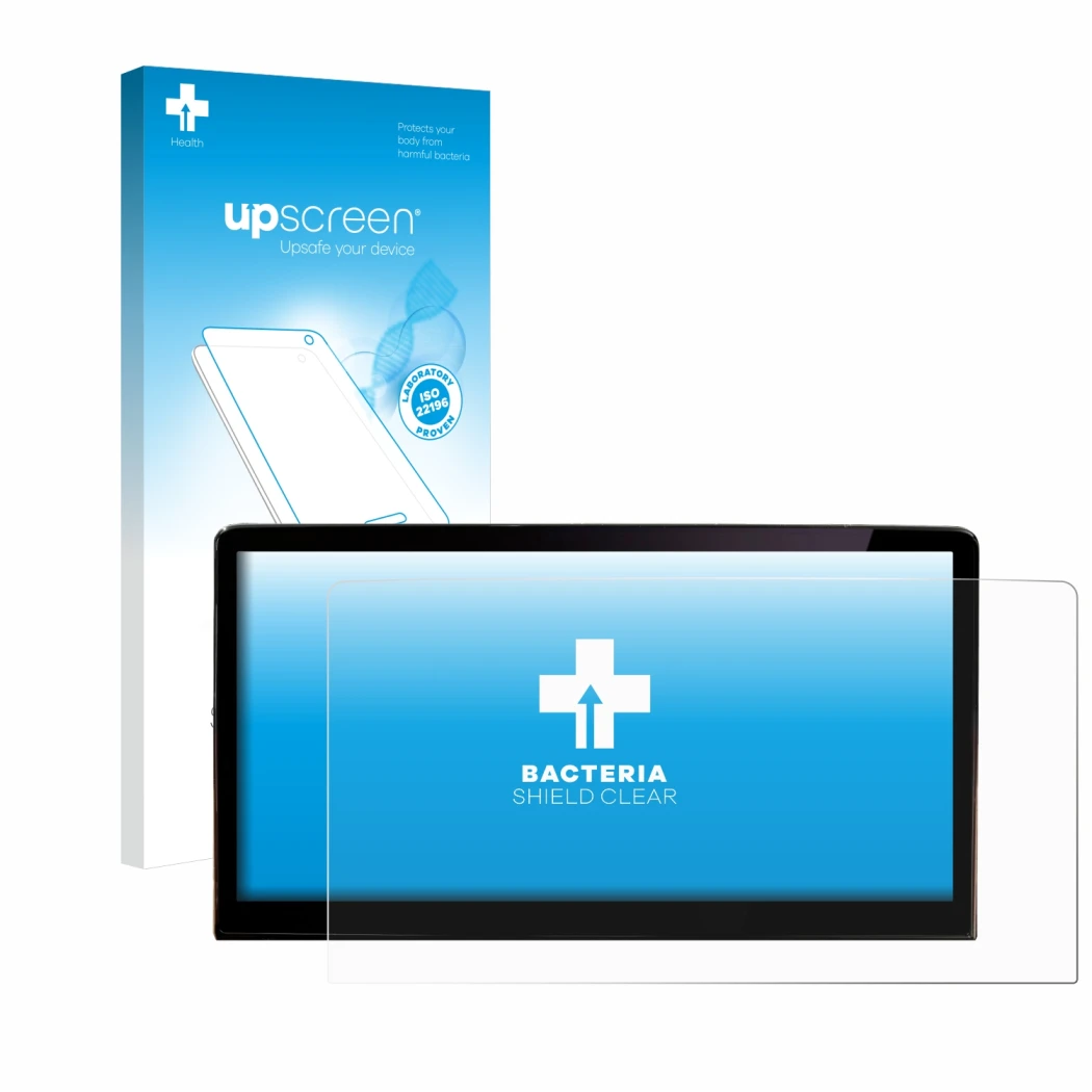 Front side of a product packaging with the brand logo upscreen. Next to it is the device Skoda Enyaq iV 80 2021 Infotainment S