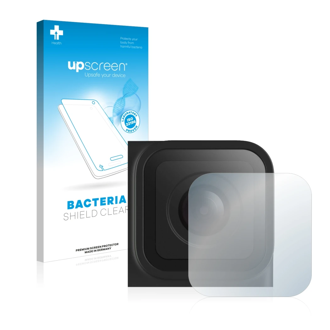 Front side of a product packaging with the brand logo upscreen. Next to it is the device GoPro Hero 10 Black Lens (housing) sh