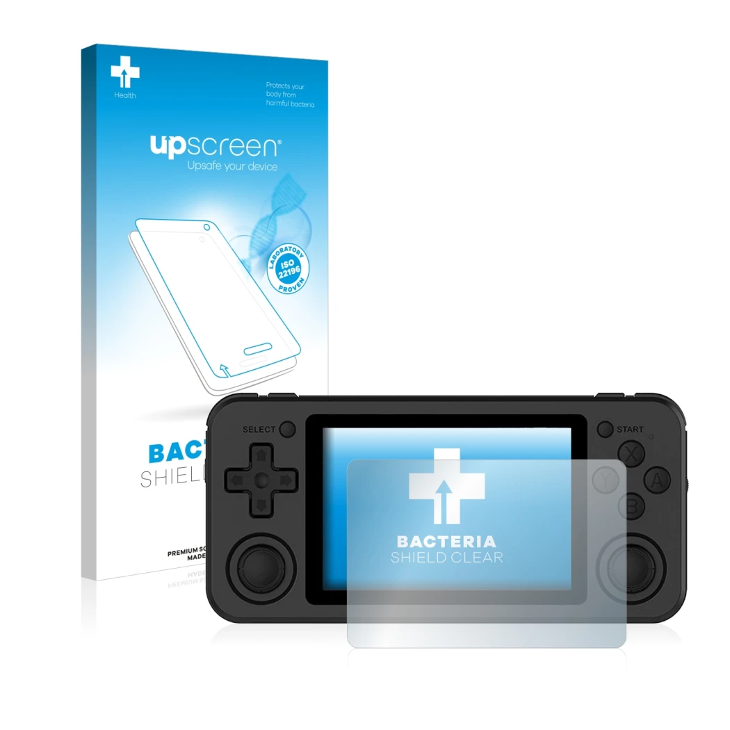 Front side of a product packaging with the brand logo upscreen. Next to it is the device Anbernic RG351P shown with the corres